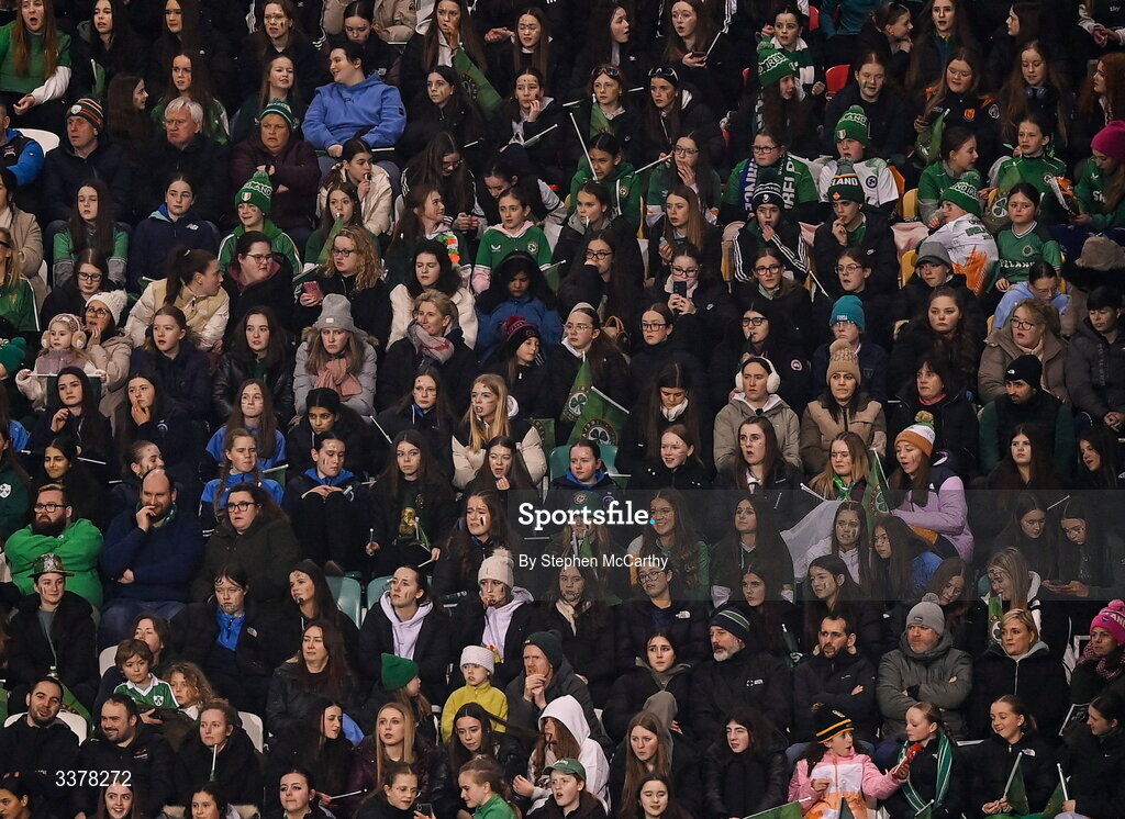 3 March 2026; Supporters during the 2027 FIFA Women’s World Cup Qualifier match between Republic of Ireland and France at Tallaght Stadium in Dublin. Photo by Stephen McCarthy/Sportsfile