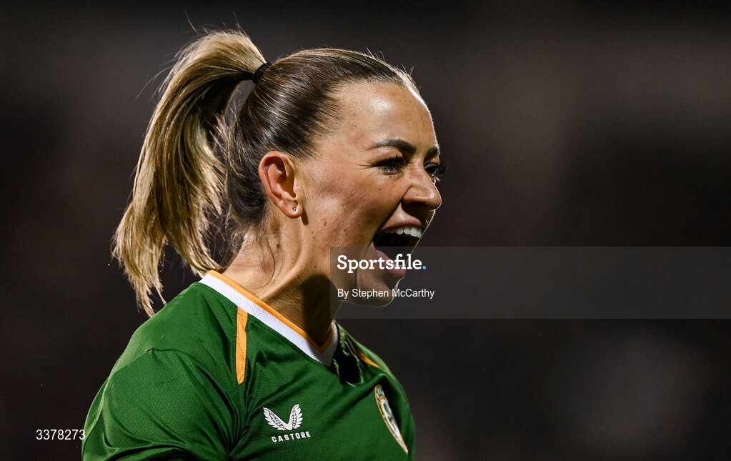 3 March 2026; Katie McCabe of Republic of Ireland celebrates after scoring her side's goal during the 2027 FIFA Women’s World Cup Qualifier match between Republic of Ireland and France at Tallaght Stadium in Dublin. Photo by Stephen McCarthy/Sportsfile