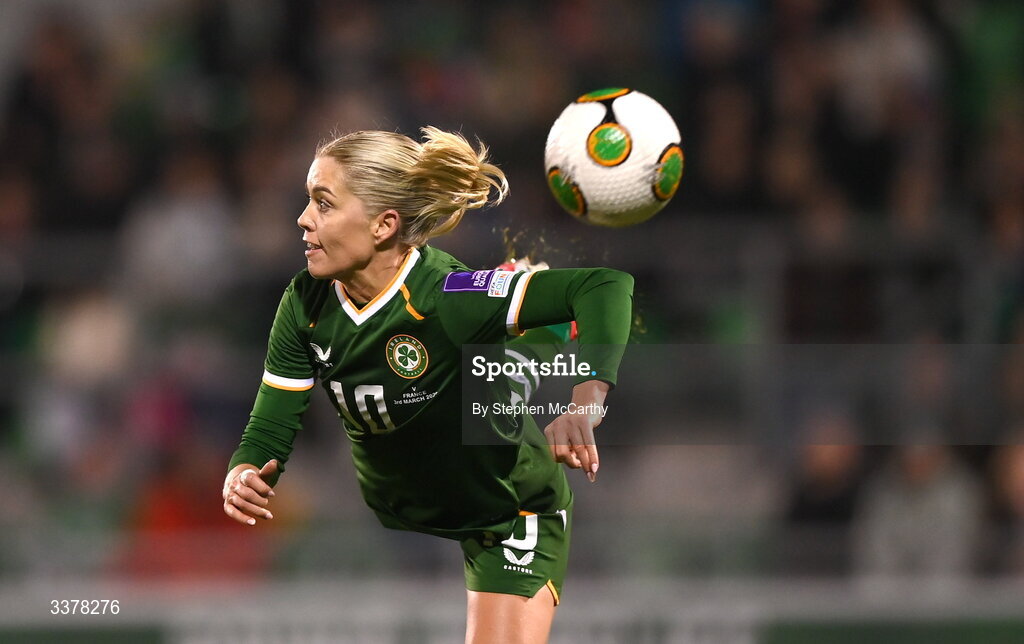 3 March 2026; Denise O'Sullivan of Republic of Ireland attempts to control the ball during the 2027 FIFA Women’s World Cup Qualifier match between Republic of Ireland and France at Tallaght Stadium in Dublin.  Photo by Stephen McCarthy/Sportsfile