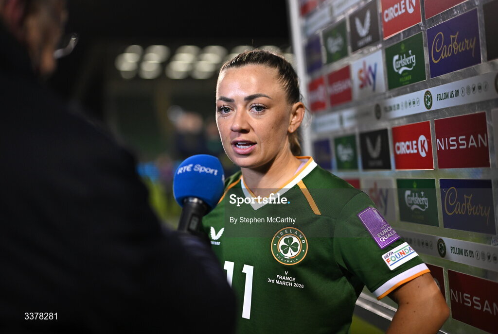 3 March 2026; Republic of Ireland captain Katie McCabe during an interview with RTÉ Sport after the 2027 FIFA Women’s World Cup Qualifier match between Republic of Ireland and France at Tallaght Stadium in Dublin. Photo by Stephen McCarthy/Sportsfile