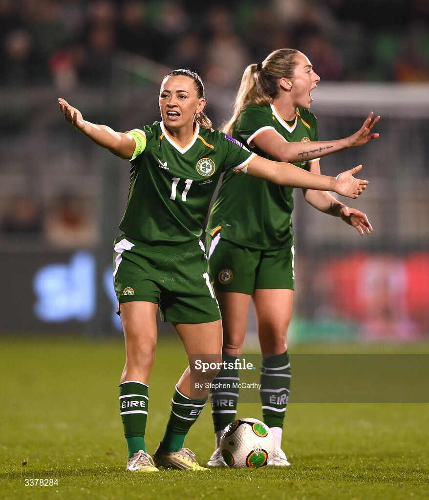 3 March 2026; Katie McCabe and Megan Connolly, right, of Republic of Ireland during the 2027 FIFA Women’s World Cup Qualifier match between Republic of Ireland and France at Tallaght Stadium in Dublin. Photo by Stephen McCarthy/Sportsfile