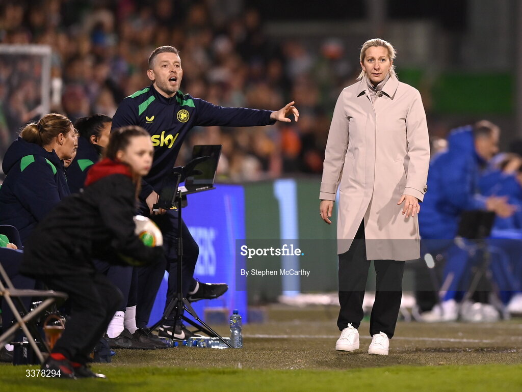 3 March 2026; Republic of Ireland head coach Carla Ward and assistant coach Gary Cronin, left, during the 2027 FIFA Women’s World Cup Qualifier match between Republic of Ireland and France at Tallaght Stadium in Dublin. Photo by Stephen McCarthy/Sportsfile