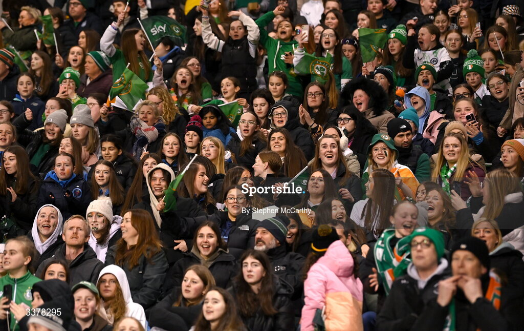 3 March 2026; Supporters during the 2027 FIFA Women’s World Cup Qualifier match between Republic of Ireland and France at Tallaght Stadium in Dublin. Photo by Stephen McCarthy/Sportsfile