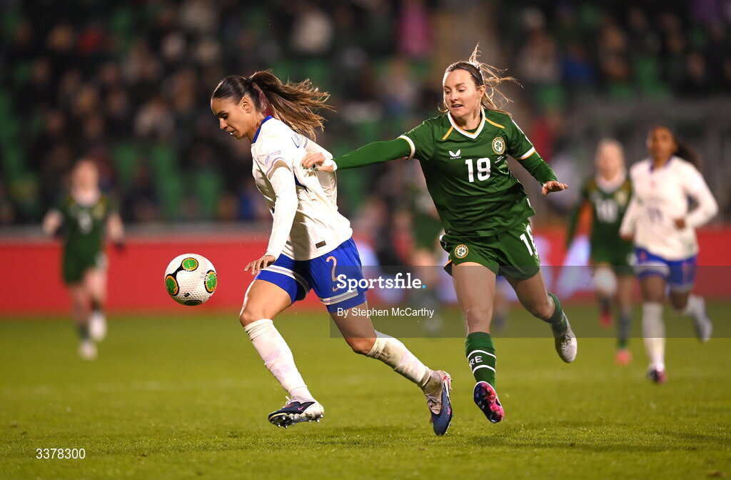 3 March 2026; Maëlle Lakrar of France in action against Kyra Carusa of Republic of Ireland during the 2027 FIFA Women’s World Cup Qualifier match between Republic of Ireland and France at Tallaght Stadium in Dublin. Photo by Stephen McCarthy/Sportsfile