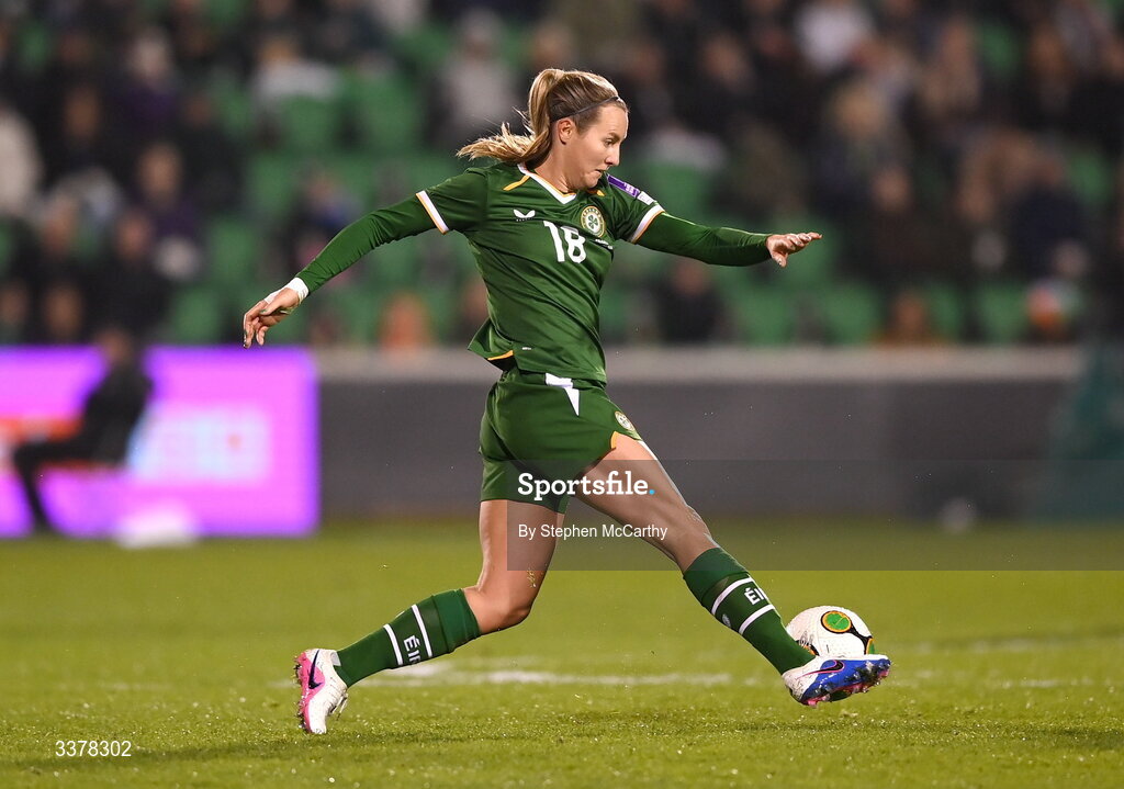 3 March 2026; Kyra Carusa of Republic of Ireland during the 2027 FIFA Women’s World Cup Qualifier match between Republic of Ireland and France at Tallaght Stadium in Dublin. Photo by Stephen McCarthy/Sportsfile