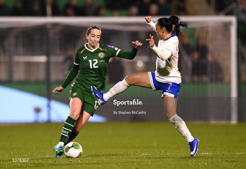 3 March 2026; Anna Patten of Republic of Ireland in action against Sakina Karchaoui of France during the 2027 FIFA Women’s World Cup Qualifier match between Republic of Ireland and France at Tallaght Stadium in Dublin. Photo by Stephen McCarthy/Sportsfile