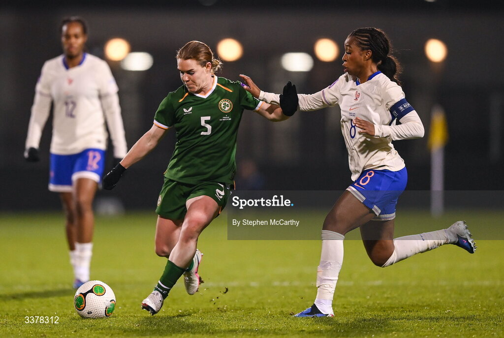 3 March 2026; Aoife Mannion of Republic of Ireland in action against Grace Geyoro of France during the 2027 FIFA Women’s World Cup Qualifier match between Republic of Ireland and France at Tallaght Stadium in Dublin. Photo by Stephen McCarthy/Sportsfile