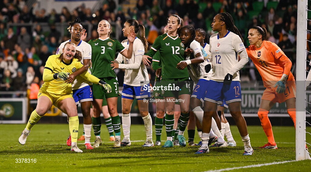 3 March 2026; Republic of Ireland goalkeeper Courtney Brosnan and Melvine Malard of France during the 2027 FIFA Women’s World Cup Qualifier match between Republic of Ireland and France at Tallaght Stadium in Dublin. Photo by Stephen McCarthy/Sportsfile