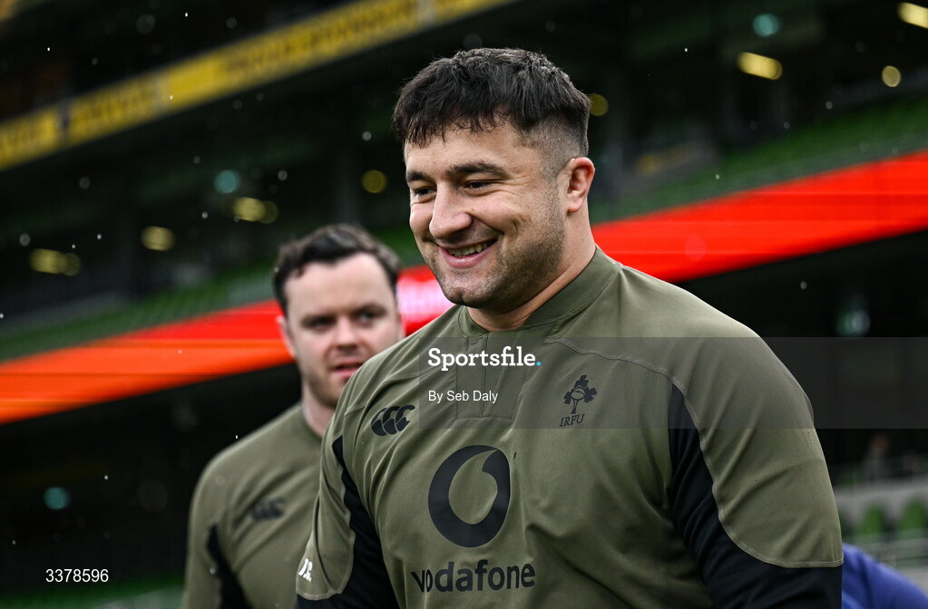 5 March 2026; Thomas Clarkson during an Ireland Rugby captain's run at the Aviva Stadium in Dublin. Photo by Seb Daly/Sportsfile