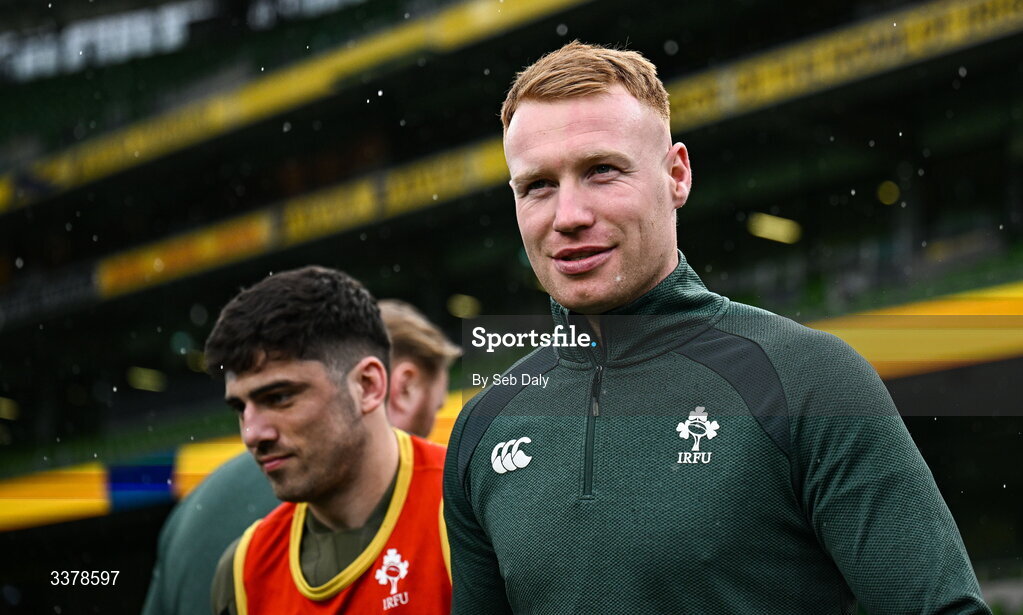 5 March 2026; Ciarán Frawley during an Ireland Rugby captain's run at the Aviva Stadium in Dublin. Photo by Seb Daly/Sportsfile