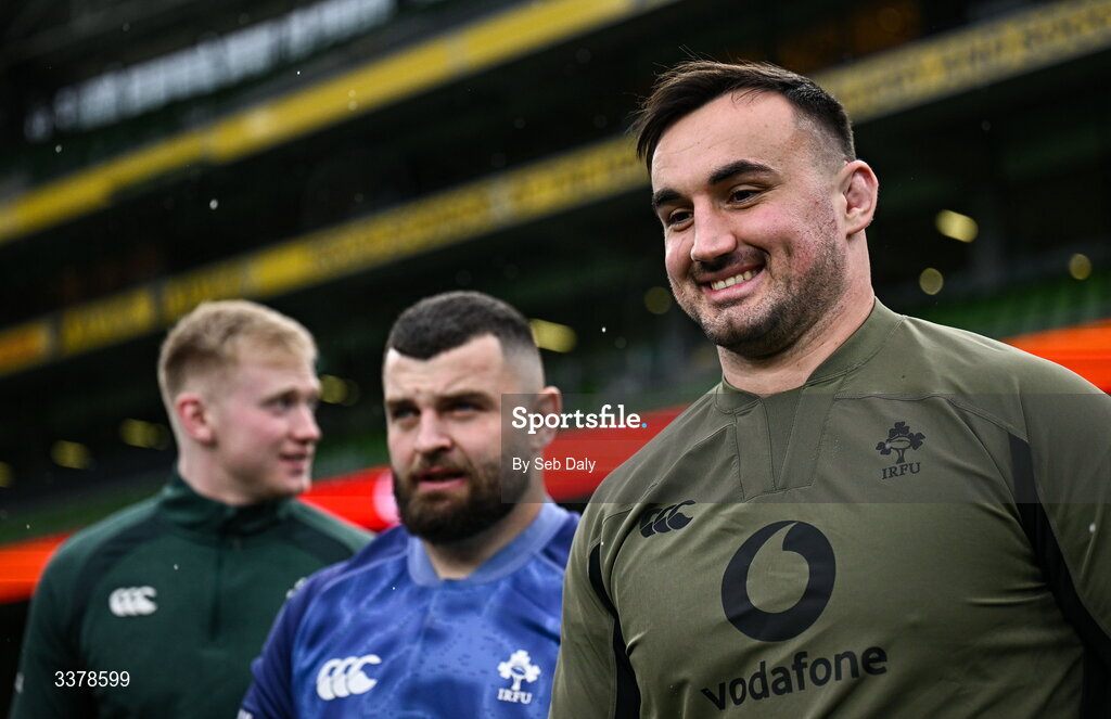 5 March 2026; Rónan Kelleher, right, during an Ireland Rugby captain's run at the Aviva Stadium in Dublin. Photo by Seb Daly/Sportsfile