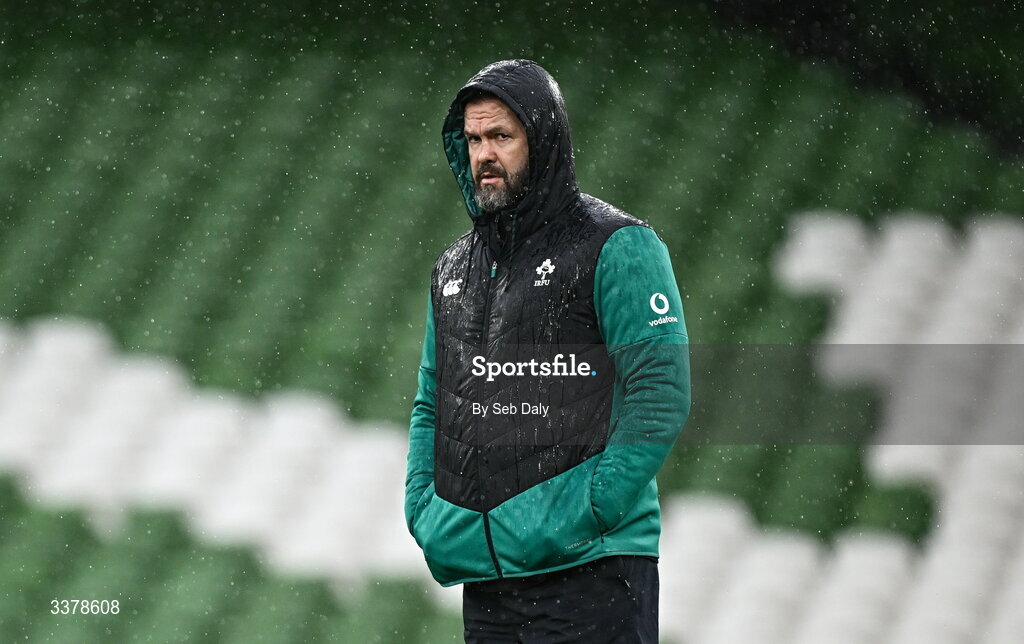 5 March 2026; Head coach Andy Farrell during an Ireland Rugby captain's run at the Aviva Stadium in Dublin. Photo by Seb Daly/Sportsfile