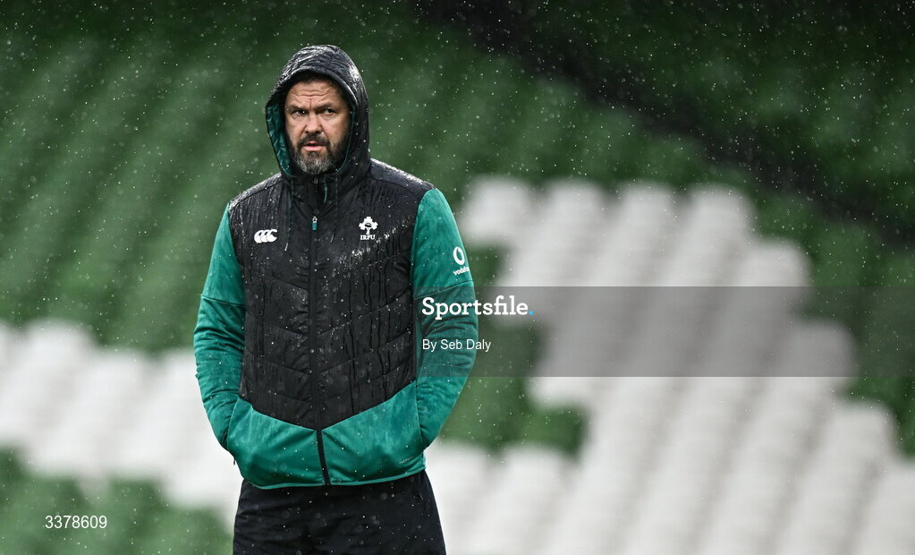 5 March 2026; Head coach Andy Farrell during an Ireland Rugby captain's run at the Aviva Stadium in Dublin. Photo by Seb Daly/Sportsfile