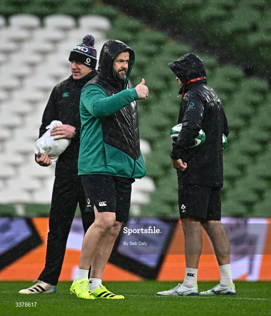 5 March 2026; Head coach Andy Farrell, centre, during an Ireland Rugby captain's run at the Aviva Stadium in Dublin. Photo by Seb Daly/Sportsfile