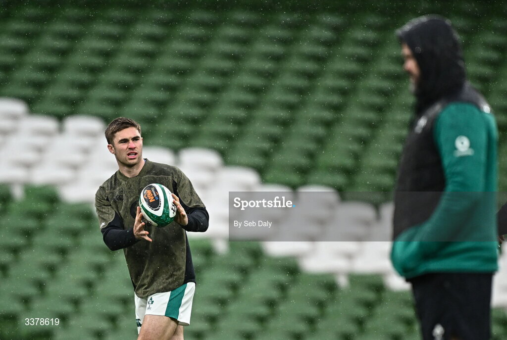 5 March 2026; Jack Crowley, left, and head coach Andy Farrell during an Ireland Rugby captain's run at the Aviva Stadium in Dublin. Photo by Seb Daly/Sportsfile