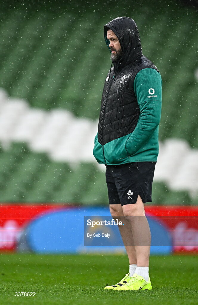 5 March 2026; Head coach Andy Farrell during an Ireland Rugby captain's run at the Aviva Stadium in Dublin. Photo by Seb Daly/Sportsfile