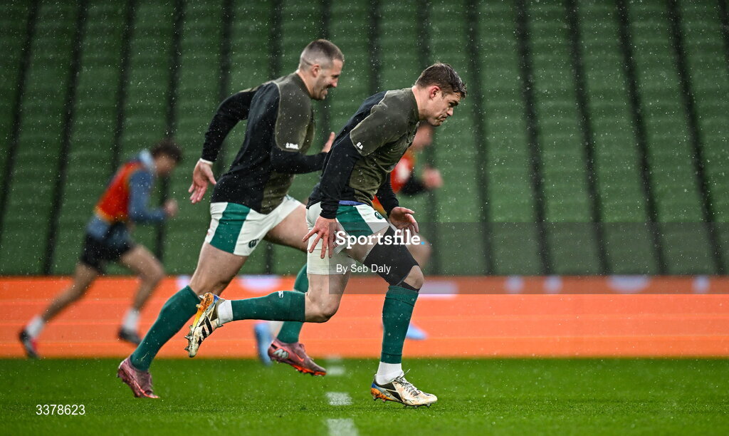 5 March 2026; Garry Ringrose, right, and Stuart McCloskey during an Ireland Rugby captain's run at the Aviva Stadium in Dublin. Photo by Seb Daly/Sportsfile