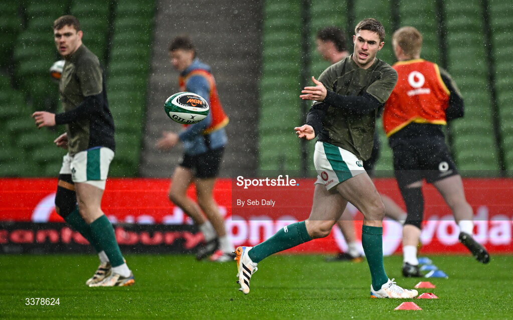 5 March 2026; Jack Crowley during an Ireland Rugby captain's run at the Aviva Stadium in Dublin. Photo by Seb Daly/Sportsfile