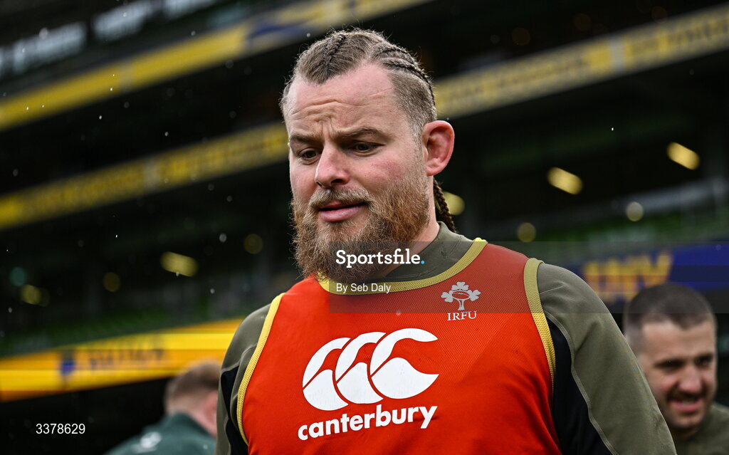 5 March 2026; Finlay Bealham during an Ireland Rugby captain's run at the Aviva Stadium in Dublin. Photo by Seb Daly/Sportsfile