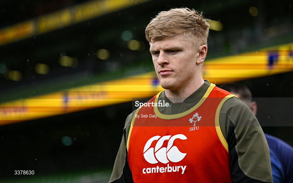 5 March 2026; Tommy O'Brien during an Ireland Rugby captain's run at the Aviva Stadium in Dublin. Photo by Seb Daly/Sportsfile