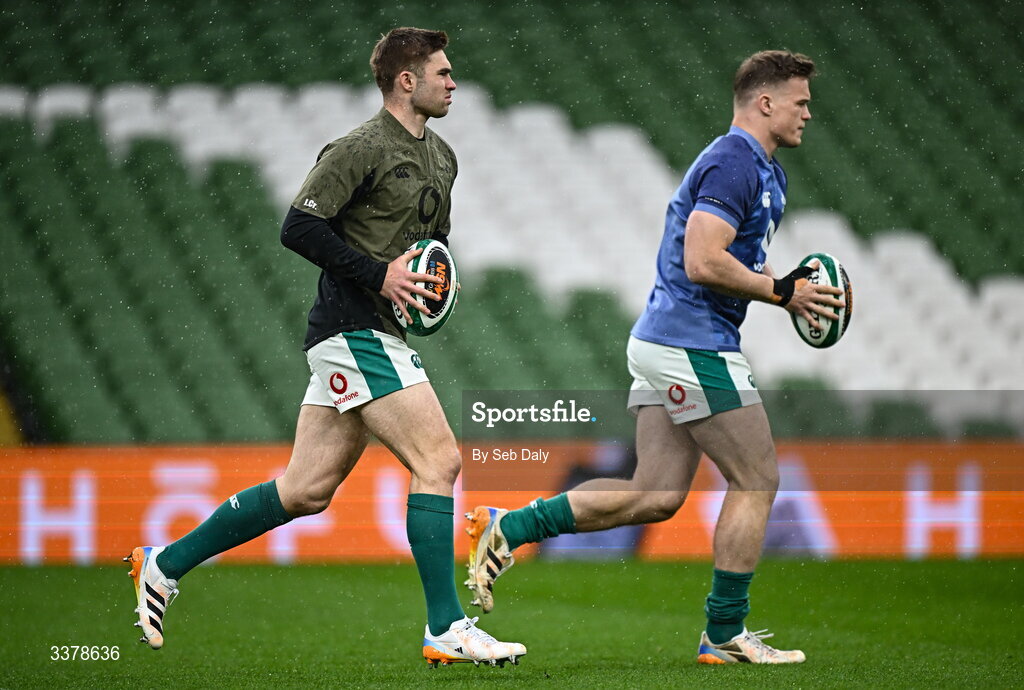 5 March 2026; Jack Crowley, left, and Josh van der Flier during an Ireland Rugby captain's run at the Aviva Stadium in Dublin. Photo by Seb Daly/Sportsfile