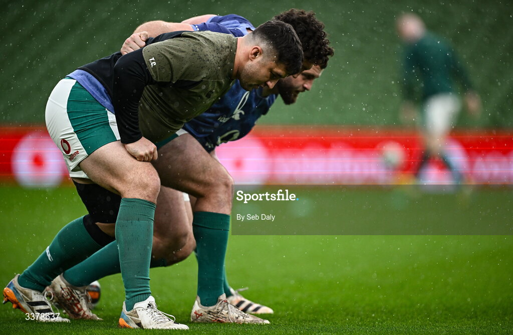 5 March 2026; Ireland players, from left, Thomas Clarkson, Tom Stewart and Michael Milne during an Ireland Rugby captain's run at the Aviva Stadium in Dublin. Photo by Seb Daly/Sportsfile