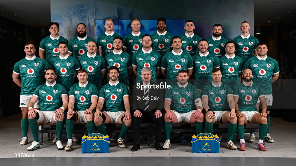 5 March 2026; The Ireland squad, back row, from left, Tom Stewart, Tom O’Toole, Jamie Osborne, Ciarán Frawley, Robert Baloucoune, Nick Timoney, Michael Milne and Nathan Doak, middle row, from left, Rónan Kelleher, Jack Crowley, Jacob Stockdale, Joe McCarthy, James Ryan, Tadhg Beirne, Stuart McCloskey, Tom Farrell, and Thomas Clarkson, front row, from left, Jack Conan, Garry Ringrose, Caelan Doris, IRFU president John O'Driscoll, Tadhg Furlong, Josh van der Flier and Jamison Gibson-Park, before an Ireland Rugby captain's run at the Aviva Stadium in Dublin. Photo by Seb Daly/Sportsfile
