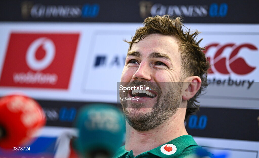 5 March 2026; Captain Caelan Doris during a media conference after an Ireland Rugby captain's run at the Aviva Stadium in Dublin. Photo by Seb Daly/Sportsfile