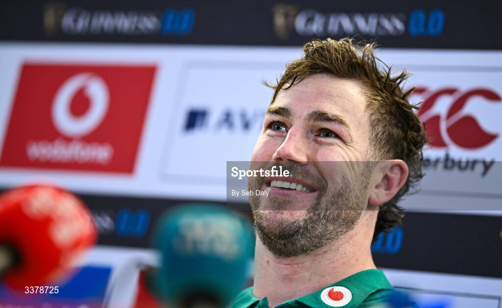 5 March 2026; Captain Caelan Doris during a media conference after an Ireland Rugby captain's run at the Aviva Stadium in Dublin. Photo by Seb Daly/Sportsfile