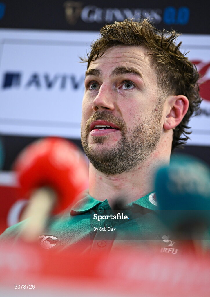 5 March 2026; Captain Caelan Doris during a media conference after an Ireland Rugby captain's run at the Aviva Stadium in Dublin. Photo by Seb Daly/Sportsfile