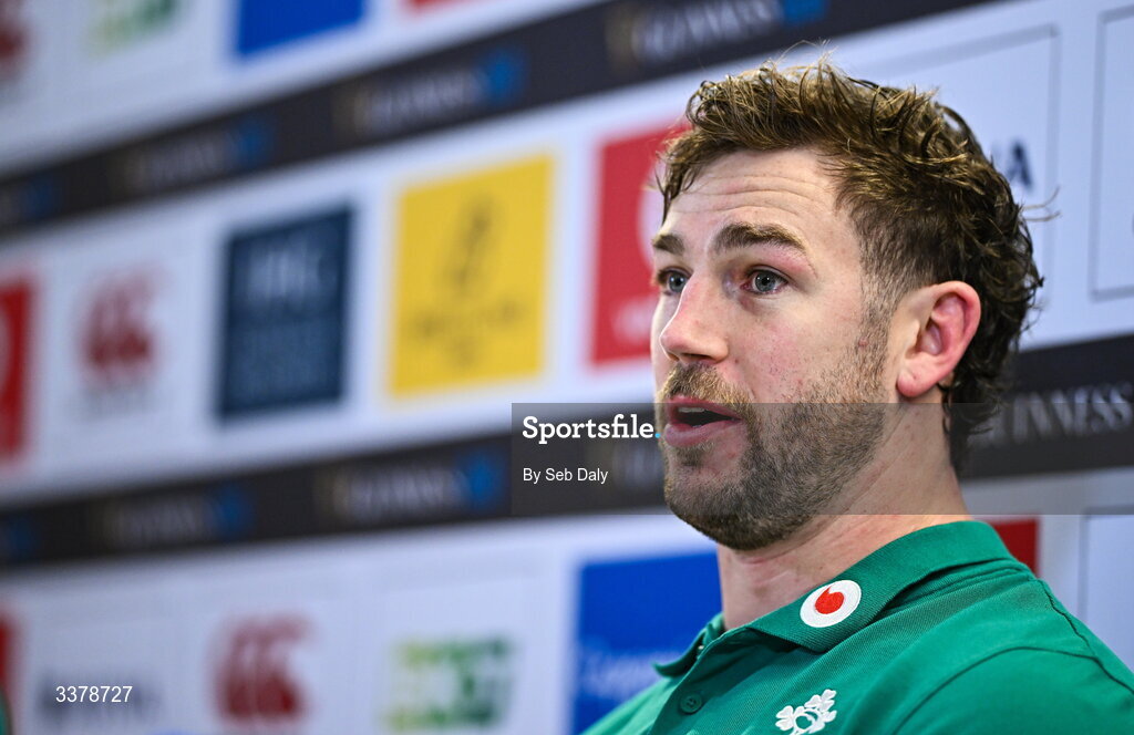 5 March 2026; Captain Caelan Doris during a media conference after an Ireland Rugby captain's run at the Aviva Stadium in Dublin. Photo by Seb Daly/Sportsfile
