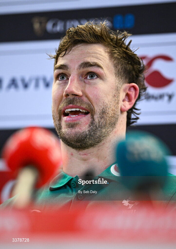 5 March 2026; Captain Caelan Doris during a media conference after an Ireland Rugby captain's run at the Aviva Stadium in Dublin. Photo by Seb Daly/Sportsfile