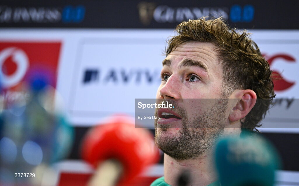5 March 2026; Captain Caelan Doris during a media conference after an Ireland Rugby captain's run at the Aviva Stadium in Dublin. Photo by Seb Daly/Sportsfile
