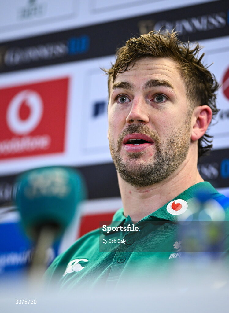 5 March 2026; Captain Caelan Doris during a media conference after an Ireland Rugby captain's run at the Aviva Stadium in Dublin. Photo by Seb Daly/Sportsfile