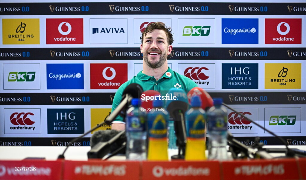 5 March 2026; Captain Caelan Doris during a media conference after an Ireland Rugby captain's run at the Aviva Stadium in Dublin. Photo by Seb Daly/Sportsfile