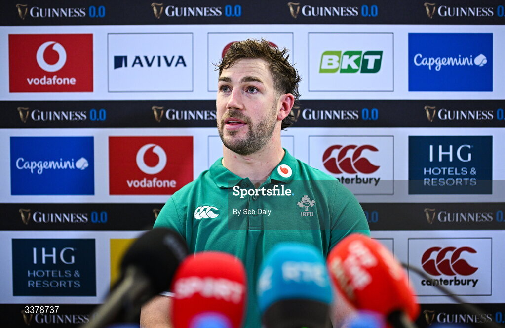 5 March 2026; Captain Caelan Doris during a media conference after an Ireland Rugby captain's run at the Aviva Stadium in Dublin. Photo by Seb Daly/Sportsfile
