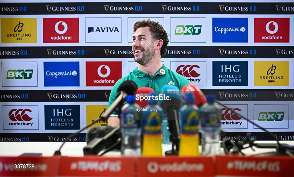 5 March 2026; Captain Caelan Doris during a media conference after an Ireland Rugby captain's run at the Aviva Stadium in Dublin. Photo by Seb Daly/Sportsfile