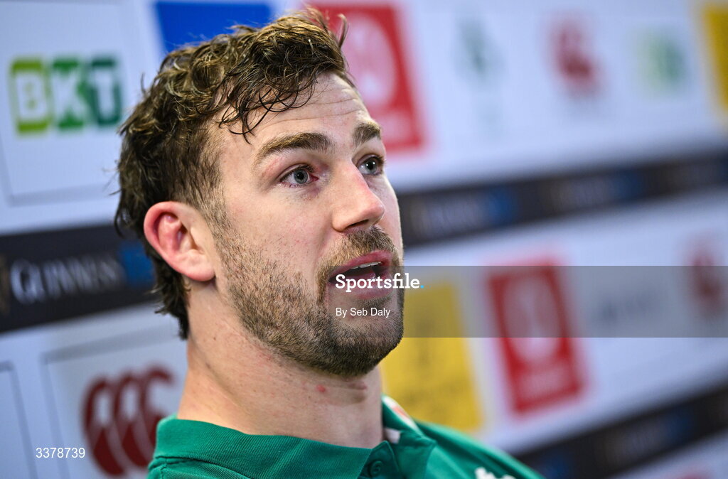 5 March 2026; Captain Caelan Doris during a media conference after an Ireland Rugby captain's run at the Aviva Stadium in Dublin. Photo by Seb Daly/Sportsfile