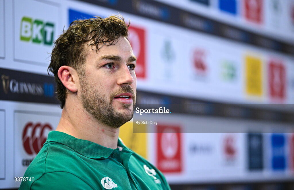 5 March 2026; Captain Caelan Doris during a media conference after an Ireland Rugby captain's run at the Aviva Stadium in Dublin. Photo by Seb Daly/Sportsfile