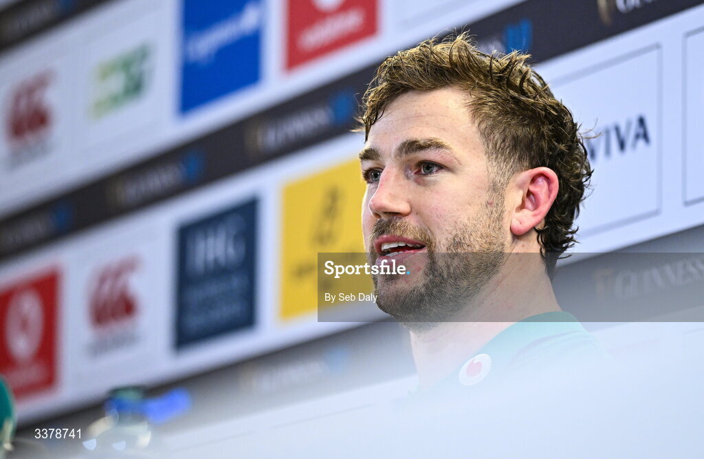 5 March 2026; Captain Caelan Doris during a media conference after an Ireland Rugby captain's run at the Aviva Stadium in Dublin. Photo by Seb Daly/Sportsfile