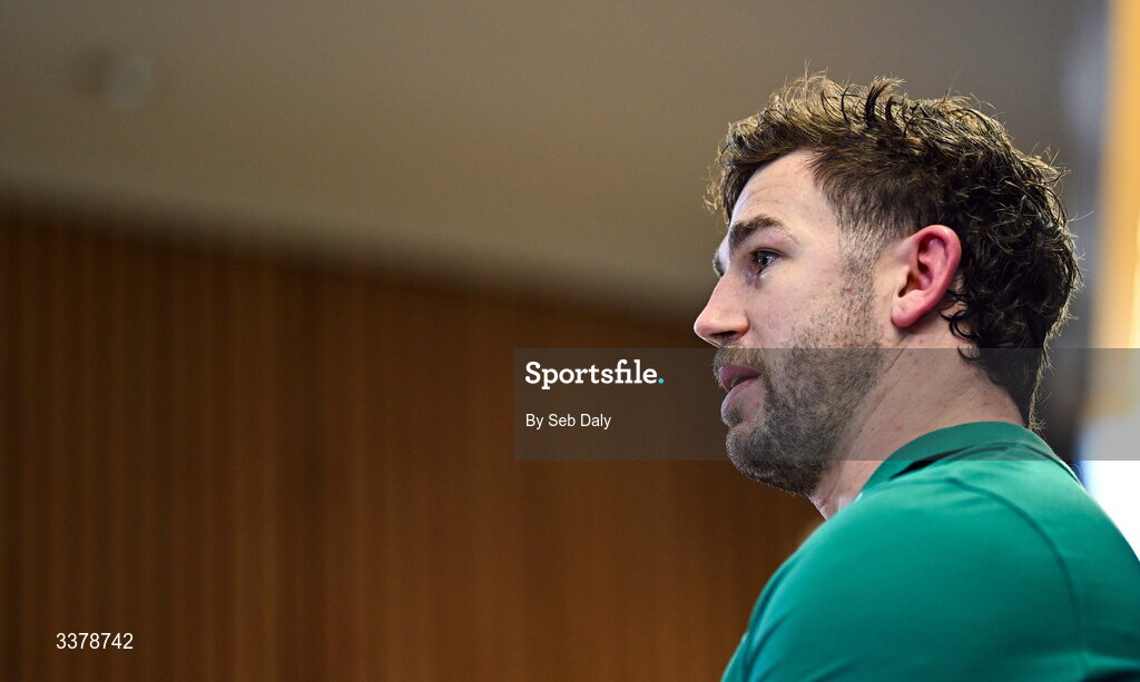5 March 2026; Captain Caelan Doris during a media conference after an Ireland Rugby captain's run at the Aviva Stadium in Dublin. Photo by Seb Daly/Sportsfile