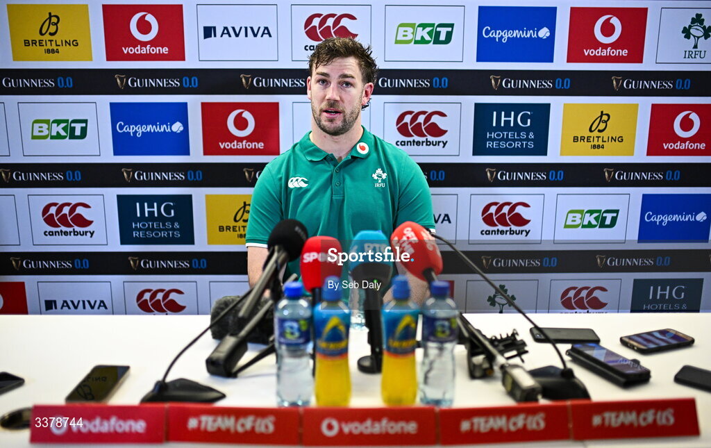 5 March 2026; Captain Caelan Doris during a media conference after an Ireland Rugby captain's run at the Aviva Stadium in Dublin. Photo by Seb Daly/Sportsfile