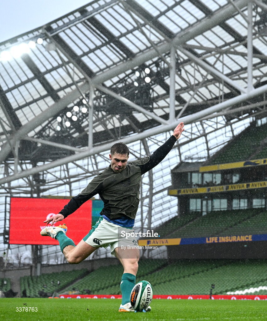 5 March 2026; Jack Crowley practices his goalkicking during an Ireland Rugby squad captain's run at the Aviva Stadium in Dublin. Photo by Brendan Moran/Sportsfile