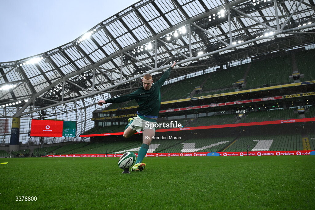 5 March 2026; Nathan Doak practices his goalkicking during an Ireland Rugby squad captain's run at the Aviva Stadium in Dublin. Photo by Brendan Moran/Sportsfile