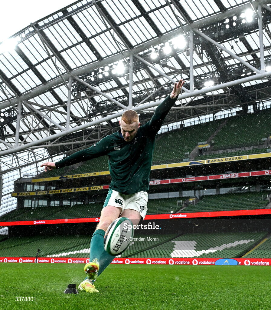5 March 2026; Nathan Doak practices his goalkicking during an Ireland Rugby squad captain's run at the Aviva Stadium in Dublin. Photo by Brendan Moran/Sportsfile