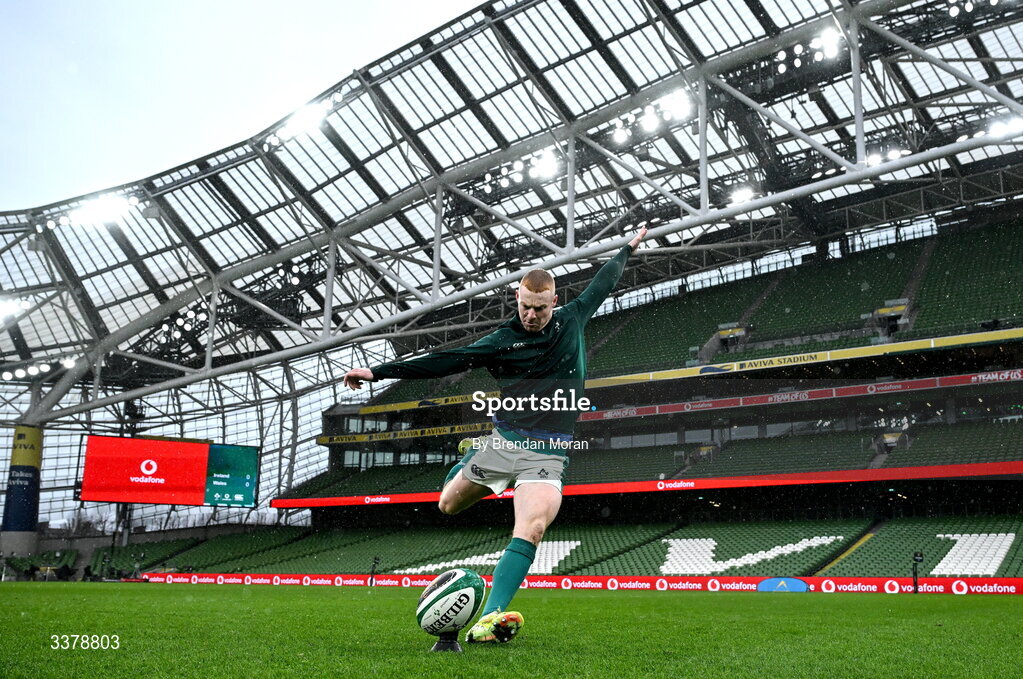 5 March 2026; Nathan Doak practices his goalkicking during an Ireland Rugby squad captain's run at the Aviva Stadium in Dublin. Photo by Brendan Moran/Sportsfile