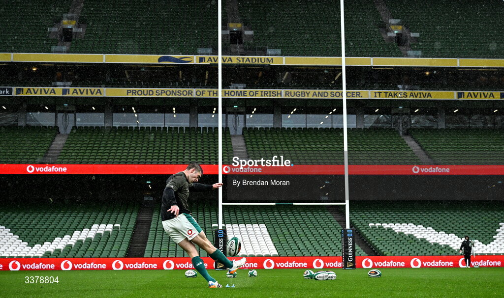 5 March 2026; Jack Crowley practices his goalkicking during an Ireland Rugby squad captain's run at the Aviva Stadium in Dublin. Photo by Brendan Moran/Sportsfile