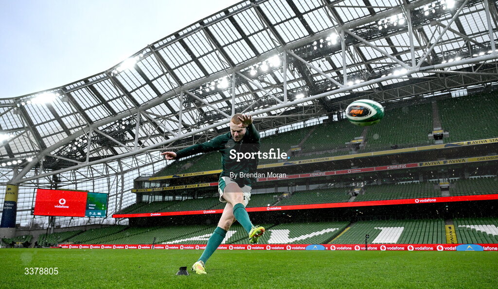 5 March 2026; Nathan Doak practices his goalkicking during an Ireland Rugby squad captain's run at the Aviva Stadium in Dublin. Photo by Brendan Moran/Sportsfile