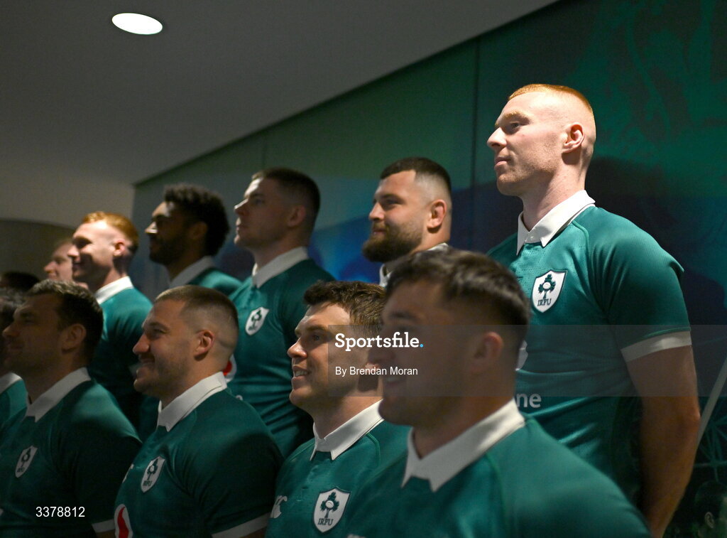 5 March 2026; Nathan Doak, top right, on the occasion of earning his first cap for Ireland, lines up with his teammates for the official team photograph before an Ireland Rugby squad captain's run at the Aviva Stadium in Dublin. Photo by Brendan Moran/Sportsfile