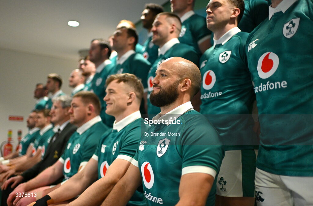 5 March 2026; Jamison Gibson-Park, on the occasion of earning his 50th cap for Ireland, lines up with his teammates for the official team photograph before an Ireland Rugby squad captain's run at the Aviva Stadium in Dublin. Photo by Brendan Moran/Sportsfile